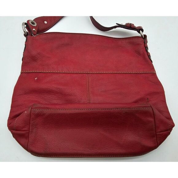 Red Leather Tignanello Shoulder Bag With Front Pockets & Adjustable Strap - Picture 5 of 7